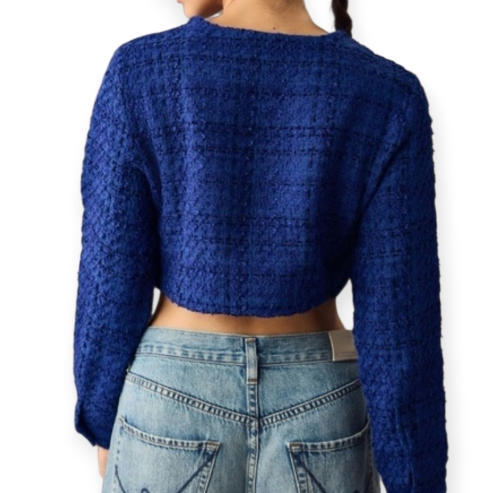 Maeve Anthropologie Tweed Cropped Jacket XL Cobalt Blue Button Front - Picture 4 of 11